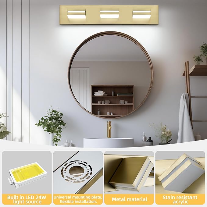 OKELI 3 Light Bathroom Vanity Light Gold Modern 24W LED Dimmable Vanity Light Over Mirror 350° Adjustable Lamp Head Cold White 6000K ETL Listed 22Inch