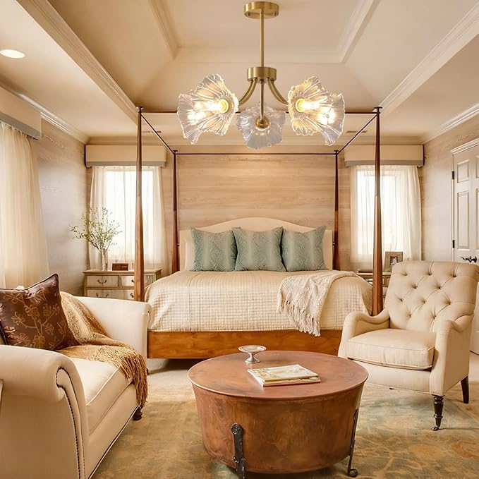 Semi-Flush Mount Ceiling Lights Fixtures Mid Century Modern Ceiling Lamp with Clear Glass Flower Shade Glass 5-Lights Chandelier Gold Brass Ceiling Lighting for Bedroom Dining Room