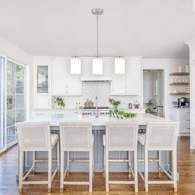 Brushed Nickel Island Lights for Kitchen, 3-Light Dining Room Light Fixtures Modern Linear Chandeliers Over Table White Frosted Glass Adjustable Hanging Lights Kitchen Pendant Lighting Over Island