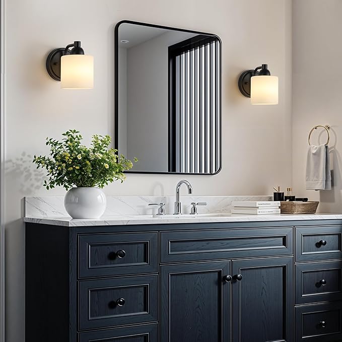 Mecgirn Matte Black Milk Glass Wall Sconces, 1 Pack Hardwired Indoor Wall Light Fixtures for Living Room, Hallway, Bedroom, Ceramic E26 Sockets (Bulbs Not Included)
