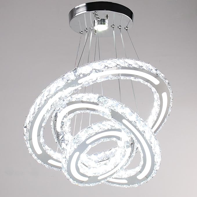 CXGLEAMING Chandeliers Modern Ceiling LED Fixture 3 Rings Adjustable Crystal Light Fixture Ceiling Hanging Pendant Light for Living Room Dining Bedrooms Hall 180mm Base 153 Crystals（White Light）