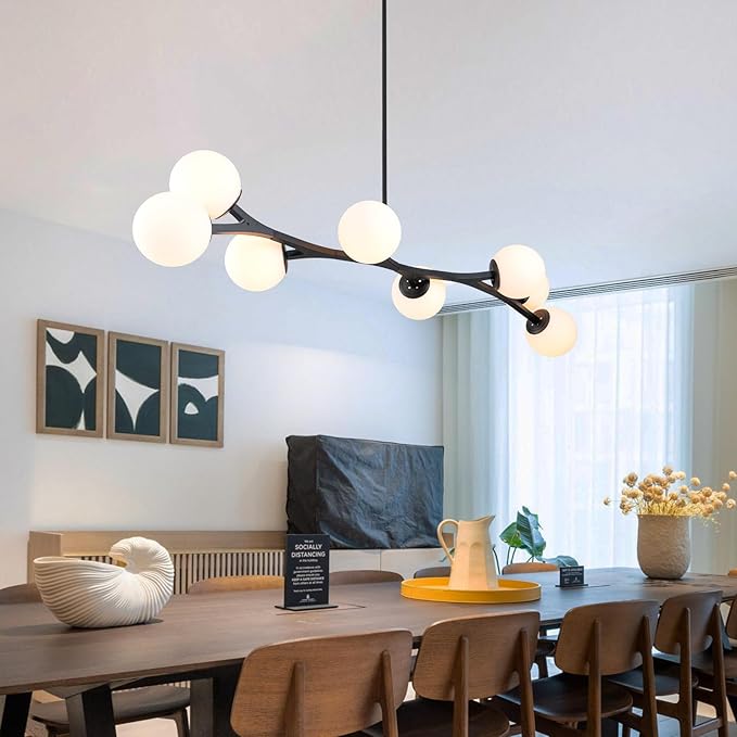 Lingkai 56" Large Black Modern Linear Chandeliers for Dining Room, Mid Century Modern Chandelier Pendant Light, 8-Light Globe Chandelier for Living Room Kitchen