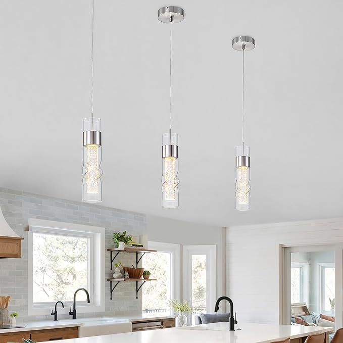 WILON Pendant Lights Kitchen Island, 24W Modern Kitchen Island Lights Brushed Nickel, Ceiling Lighting Fixtures with Crystal Bubble, Integrated LED Hanging Light for Dining Room Restaurant(3 Pack)