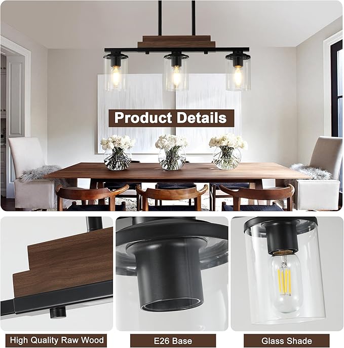 3-Light Kitchen Chandeliers Over Table, Farmhouse Chandeliers for Dining Room, Black Linear Chandelier with Clear Glass Shades, Modern Rustic Wood Dining Room Light Fixture, with Adjustable Height