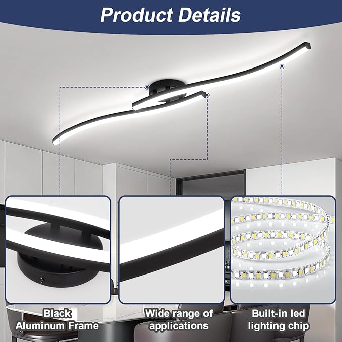 39.37Inch Linear Ceiling Light 6000K Black Modern Ceiling Light Fixture 28W Long Flush Mount Ceiling Lamp for Hallway, Kitchen, Bedroom, Dining Room