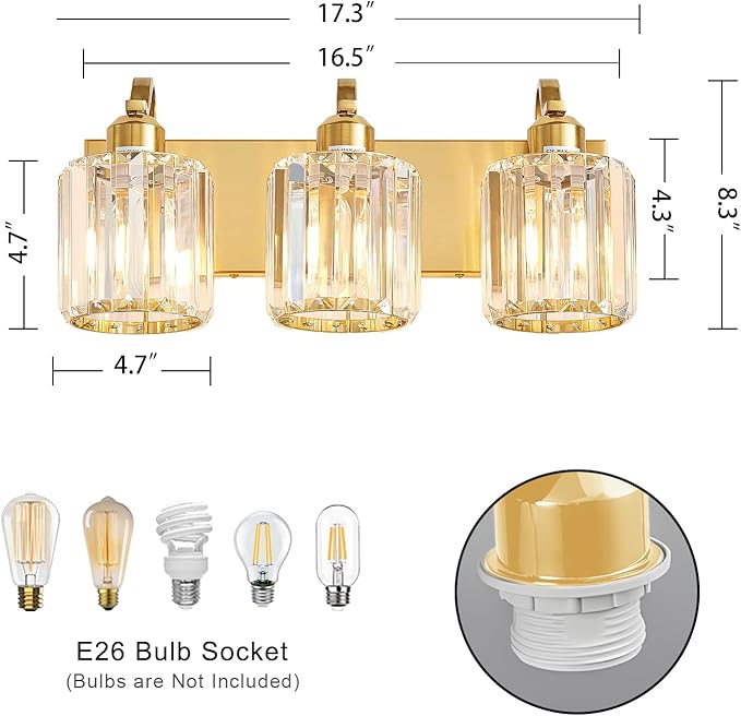 3-Light Gold Bathroom Light Fixtures,Modern Bathroom Vanity Lights Fixture with Clear Crystal Glass Shade, Modern Crystal 3 Lights Wall Sconce (Exclude Bulb)