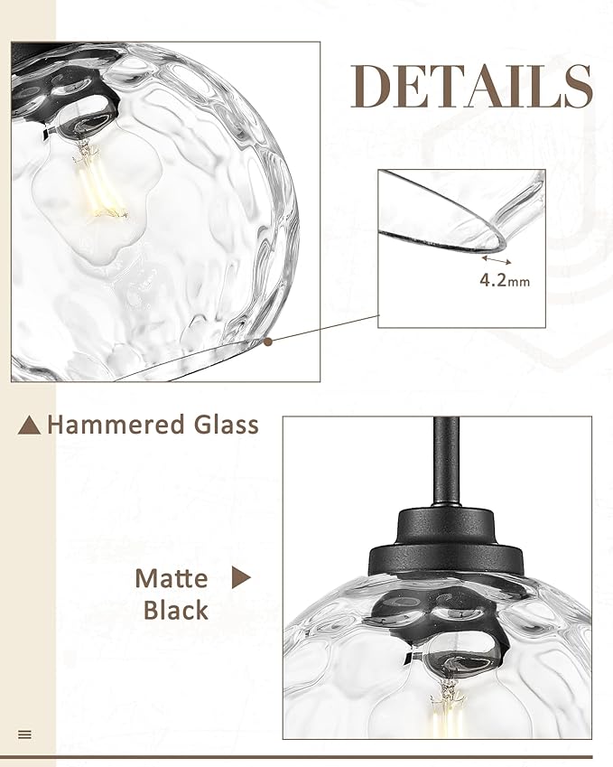 8 Inch Modern Farmhouse Pendant for Kitchen Island, Adjustable Height Hanging Fixture with Hammered Glass, Matte Black, Dining Room Entryway - PL101HBK-L