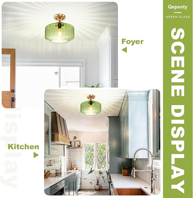Mid-Century Modern Gold Flush Mount Ceiling Light Fixtures, Green Close-to-Ceiling Gold Chandelier for Entryway, Hallway, Porch, Corridor, Bedroom