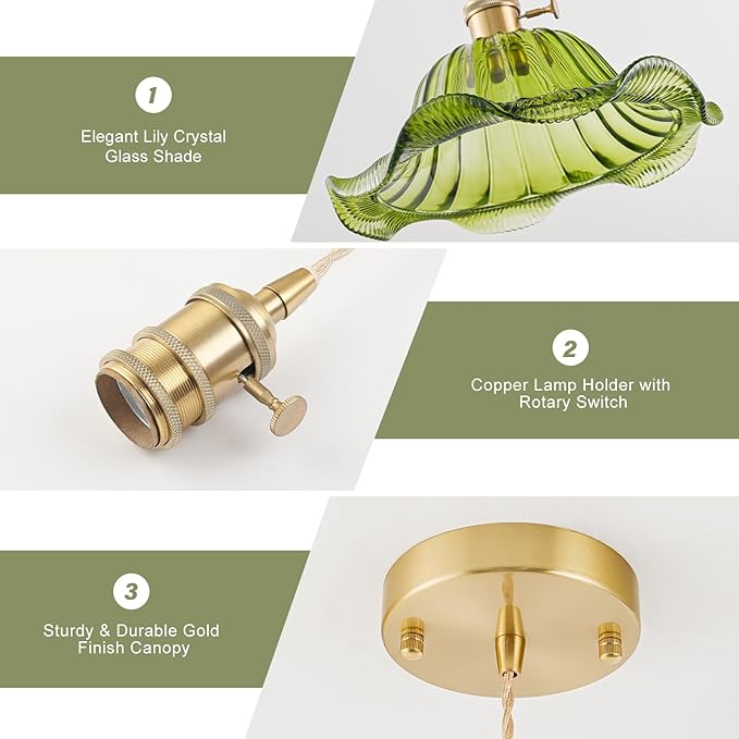 Vintage Pendant Lights Kitchen Island 2 Pack, Adjustable Pendant Light Fixtures with Green Lily Glass Lampshade, Gold Kitchen Pendant Lighting Over Island, Pendant Light for Dining Room Hallway