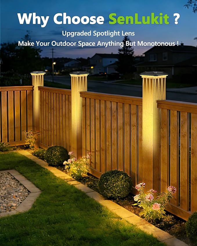 Solar Post Cap Lights 2 Pack Upgraded 16LED Spot Lens Outdoor Waterproof Post Light 3-Color Modes Warm & Cool & Neutral White Solar Light Fit for 4x4 3.5x3.5 Vinyl and Wooden Dock Fence Deck Posts