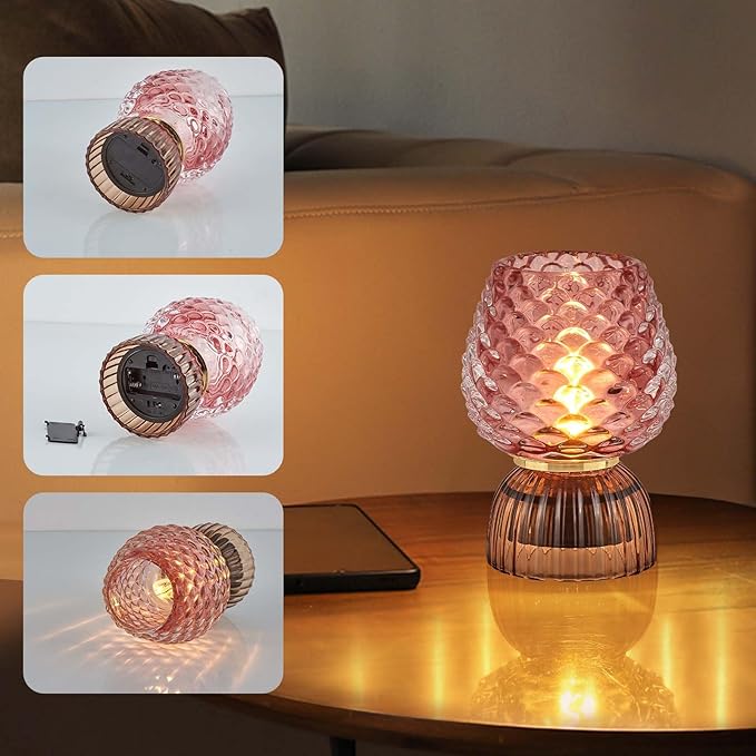 Battery Operated Lamp with Timer, Cute Small Cordless Glass Table Lamp for Home Decor, Kitchen, Bathroom, Birthday Gift for Women, Pinecone, Pink, 2 Pack