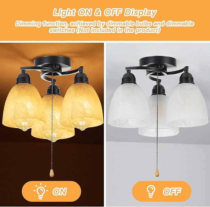3-Light Flush Mount Ceiling Light with Pull Chain, Modern Black Lighting Fixtures with Alabaster Glass for Kitchen Island Dining Room Bedroom Farmhouse Foyer Hallway
