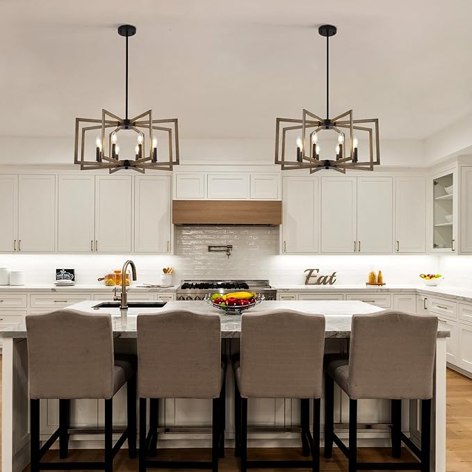 Klgxnrd 8-Light Modern Farmhouse Chandelier, Vintage Geometric Dining Room Lighting Hanging, Industrial Chandelier for Kitchen Island Entryway Foyer Stairway, Retro Wood Texture and Black Finish