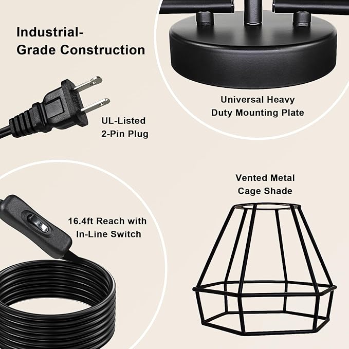HiBay Track Lighting Plug in, 3-Light Directional Ceiling Light Fixture Black, Farmhouse Plug-in Track Light E26 Wall Spotlight with 16.4ft Cord & in-Line On/Off Switch for Kitchen Dining Room