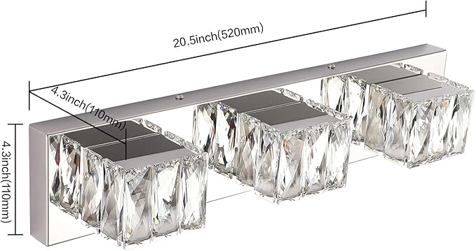 ZUZITO Modern Bathroom Vanity Lights - Crystal 3 Light Vanity Lighting Fixtures - Chrome Bathroom LED Light Fixture Over Mirror 6000K Cool White Light