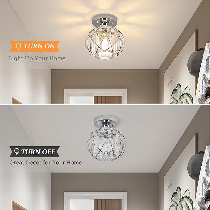 Hallway Light Fixtures Ceiling,Modern Chrome Crystal Ceiling Lights Fixture, Semi Flush Mount E26 Small Hallway Lighting Fixtures Ceiling Light for Porch Entryway Foyer Bathroom