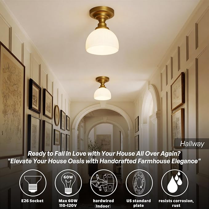 Modern Schoolhouse Semi Flush Mount Ceiling Light,Gold Brass Hand-Blown Glass Close to Ceiling Light Fixtures for Hallway Laundry Entryway Kitchen Bathroom Bedroom E26 Base