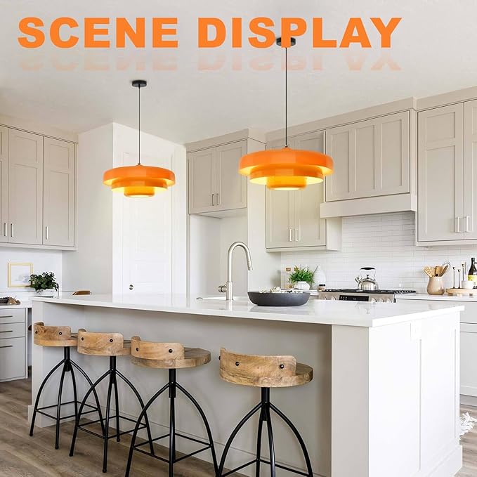Mid Century Modern Orange Pendant Light, 17.7" Large 3-Layer Metal Shade Flush Mount Chandelier for Kitchen Island, Dining Room, Bar, Vintage Farmhouse Ceiling Light Fixture