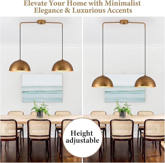 2-Light Pendant Lights Kitchen Island, Gold Metal Dome Shade Pendant Light, Kitchen Pendant Lighting Over Island, Adjustable Height Hanging Light Fixture for Farmhouse Dining Room Kitchen Cafe