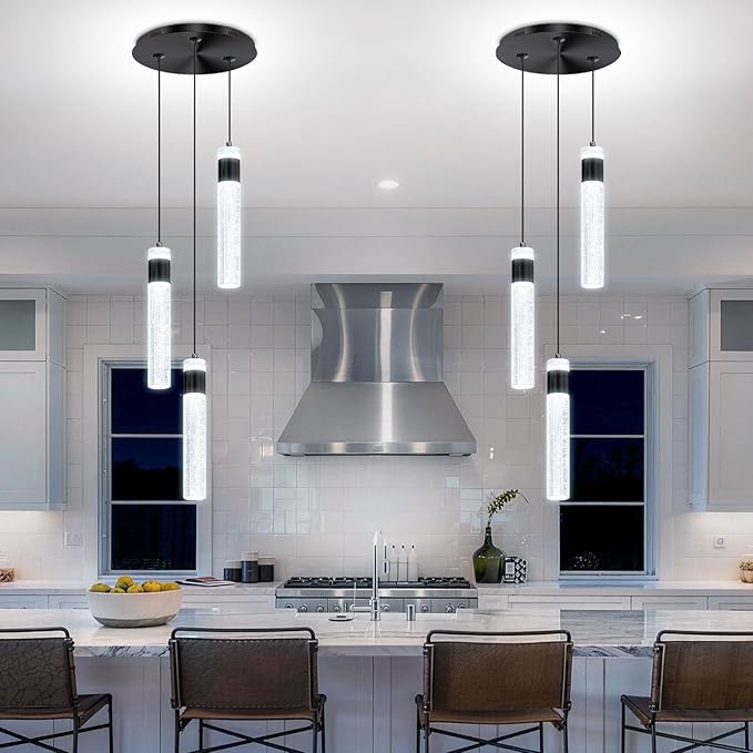 3-Light Pendant Lights Kitchen Island Black Crystal Column Chandelier Modern Dimmable LED Pendant Light for Dinning Room Living Room