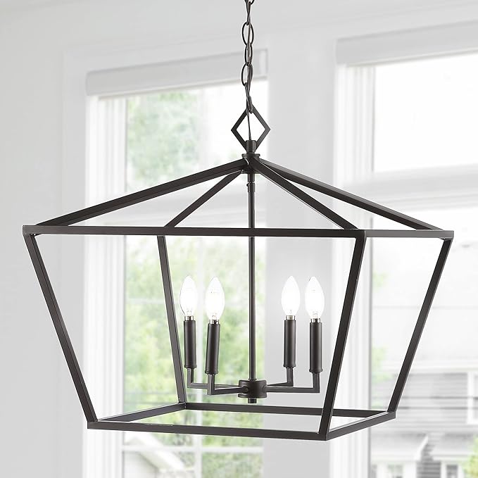 JONATHAN Y 23" Oil Rubbed Bronze 4-Light Rustic Glam Adjustable Iron LED Pendant, Open Cage Lantern Hanging Light for Dining Room, Kitchen Island, Foyer, Farmhouse French Country (JYL7520B)