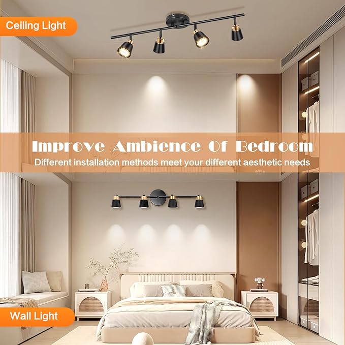 GORDNWE Track Lighting Fixtures Ceiling: LED Spot Lights Indoor 4 GU10 Flexible Heads Black Vintage Adjustable Compatible with Dimmable Bulbs Overhead Directional Lights Foldable for Kitchen Hallway