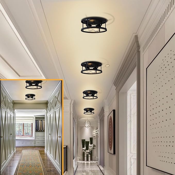 4 Pack Black Farmhouse Flush Mount Ceiling Lights,2-Light Rustic Hallway Lighting Fixtures,Industrial Light Fixtures Ceiling Mount for Kitchen Hall Entry Bedroom Closet
