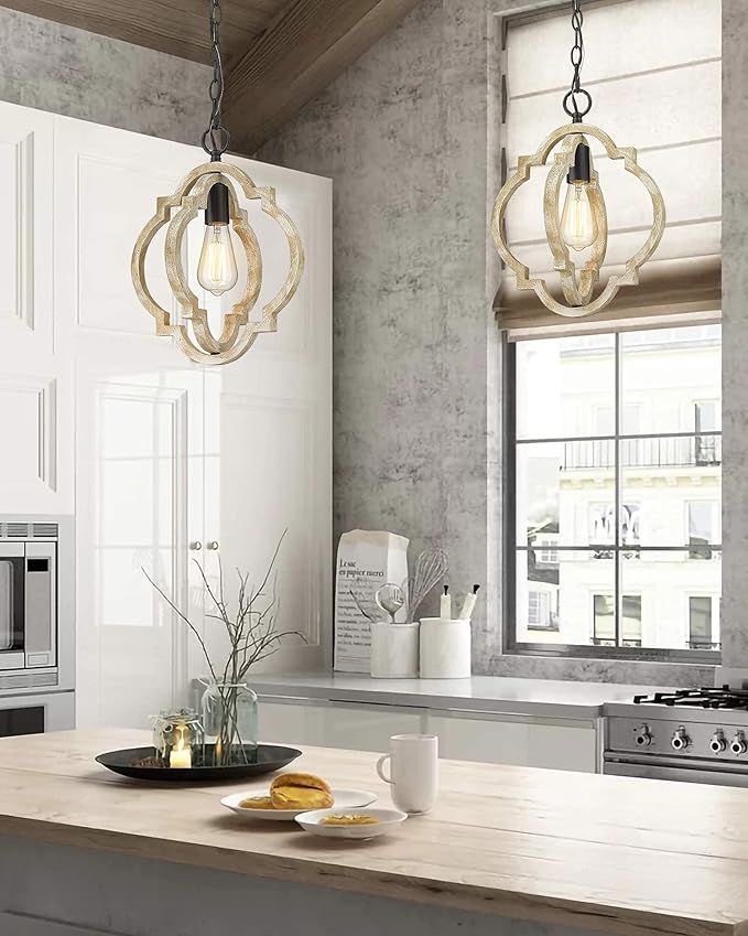 2Pack Wood Pendant Lights Kitchen Island, Farmhouse Pendant Lighting Fixtures, Adjustable Height Hanging Pendant Lights for Foyer, Dining Room, Entryway