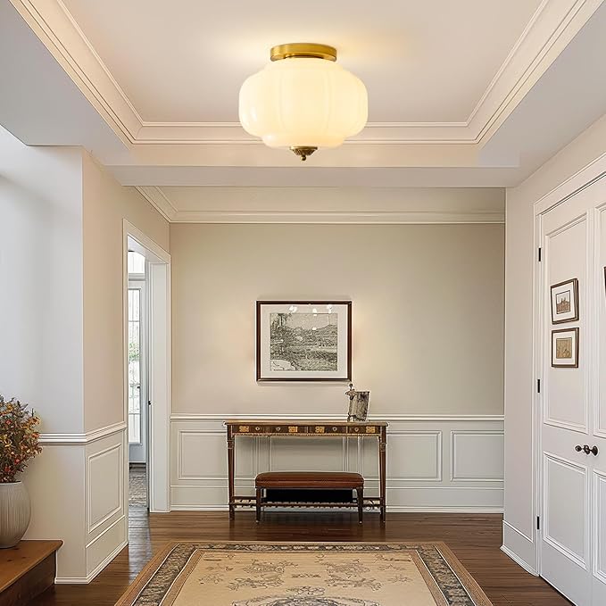Milk Glass Ceiling Light Fixture 15 inch Semi Flush Mount Ceiling Light Mid Century Gold Modern Ceiling Lamp for Kitchen Dining Room Bedroom and Hallway(White) E26