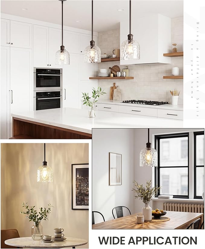 zeyu 1-Light Island Pendant Light for Kitchen, Single Pendant Light Kitchen Island, Adjustable Hanging Lamp with Clear Hammered Glass, Oil Rubbed Bronze Finish, ZJF63MIL-L ORB
