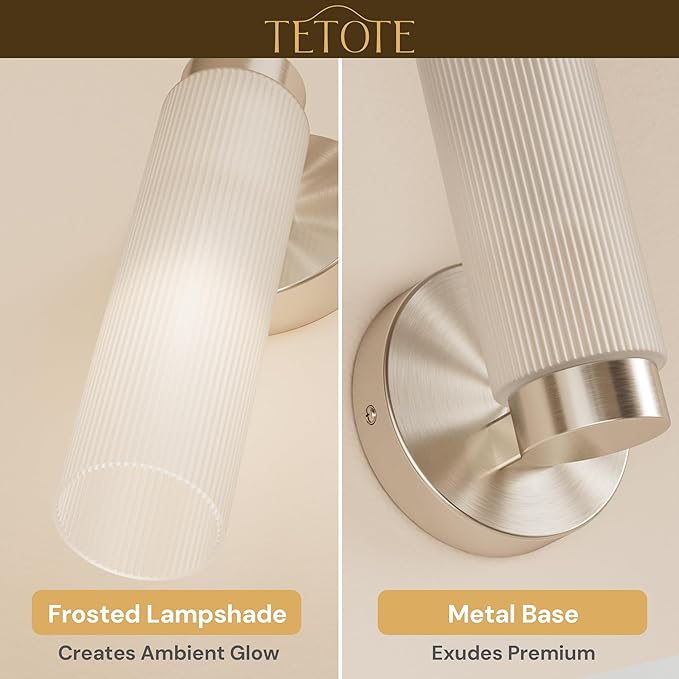 TETOTE Brushed Nickel Wall Sconces Set of Two Modern Bathroom Wall Light Fixtures Farmhouse Wall Lights with Frosted Glass Shade for Mirror Bedroom Living Room
