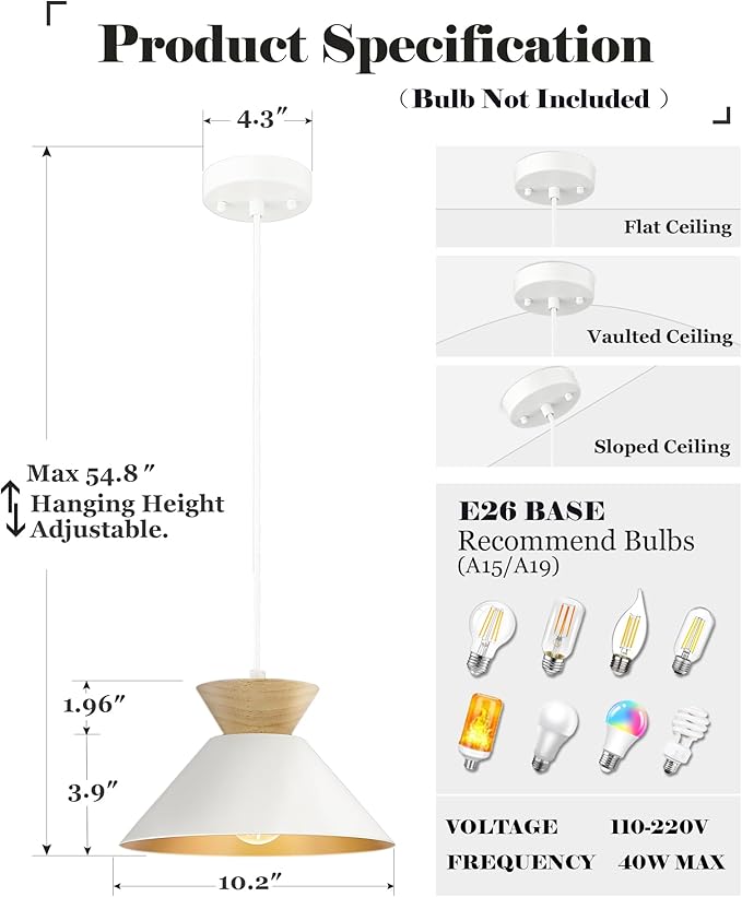 ELYONA Modern Pendant Light Fixtures 10" Solid Wood Hanging Lamp Nordic White Metal & Gold Inner Finish Boho Pendant Light for Farmhouse Kitchen Island Dining Room Bedroom Living Room Hallway
