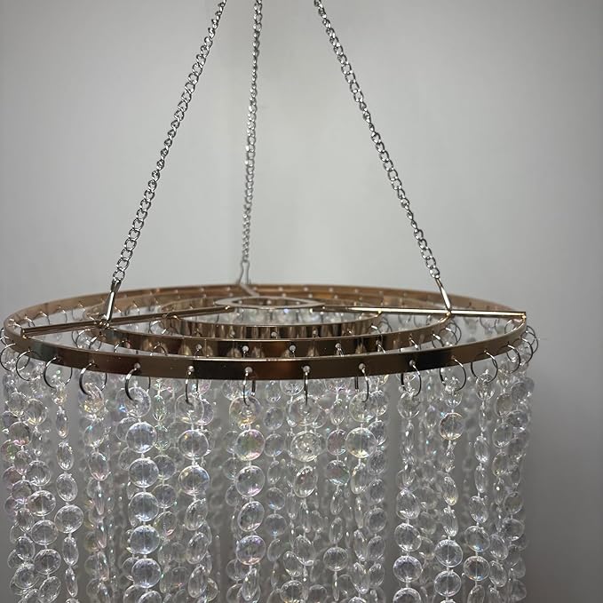 FlavorThings Modern Chrome Beaded Hanging Chandelier (W10.25 x H20”)，3 Tiers Beads Pendant Shade Gold Frame, Ceiling Chandelier Beaded Lampshade with Acrylic Jewel Droplets (H20Gold)