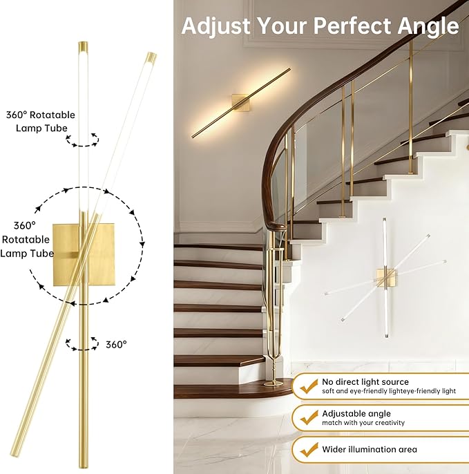 Shenmoyl Battery Operated Wall Sconce Set of 2, 10400mAh Rechargeable Wall Sconces, 3000K-6000K Dimmable, 350°Rotate, Indoor Wall Lights for Bedroom Living Room Bathroom, Gold, 31.5 Inch