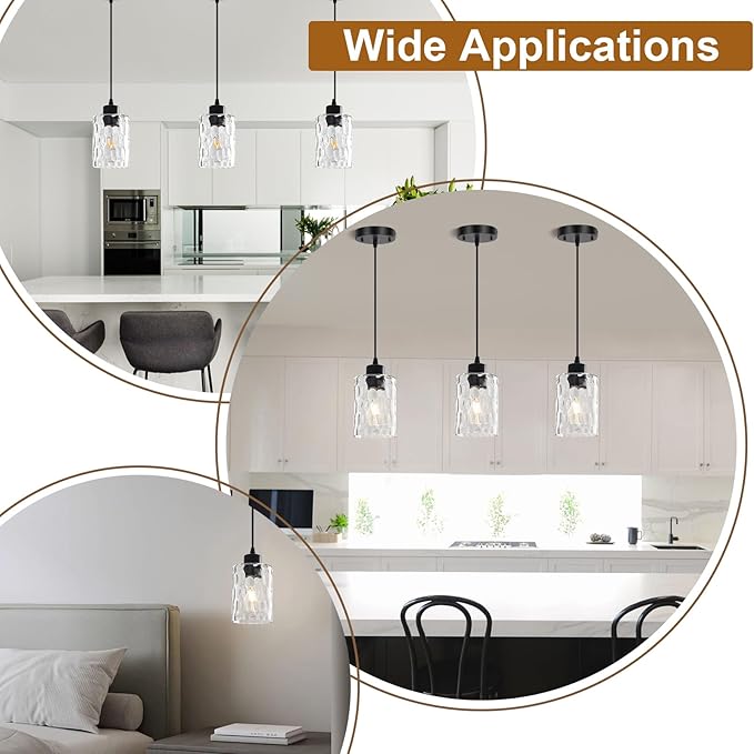 3 Pack Black Modern Pendant Light Fixtures, Adjustable Hanging Lighting with Hammered Glass Lampshade, Black Kitchen Island Pendant Lights for Dining Room Kitchen Living Room Bedroom Foyer