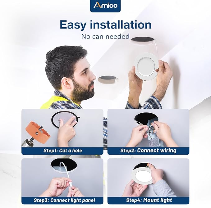 Amico 6 Pack 3 Inch 5CCT Gimbal LED Recessed Lighting, 360°&90°Adjustable Eyeball Directional Downlight, Dimmable, 2700K/3000K/3500K/4000K/5000K Selectable, 8W 600LM CRI90+, ETL&FCC, White