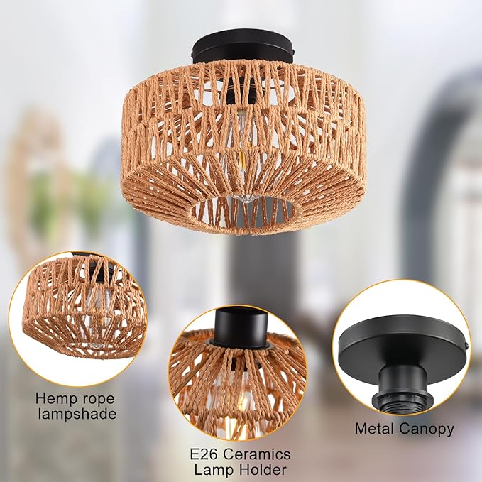 Ceiling Light Fixture,Hand-Woven Rattan Flush Mount Ceiling Light,Farmhouse Light Fixtures Ceiling Mount Boho for Hallway Bedroom Kitchen Entryway Living Room