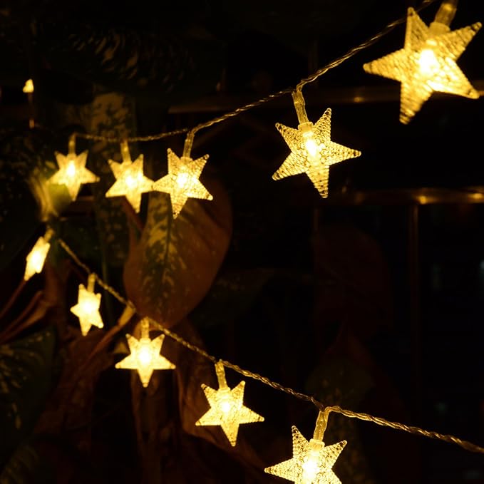 Warm White 50 Led Star Fairy Lights with Remote Control, Battery Powered Five-Pointed Star String Lights