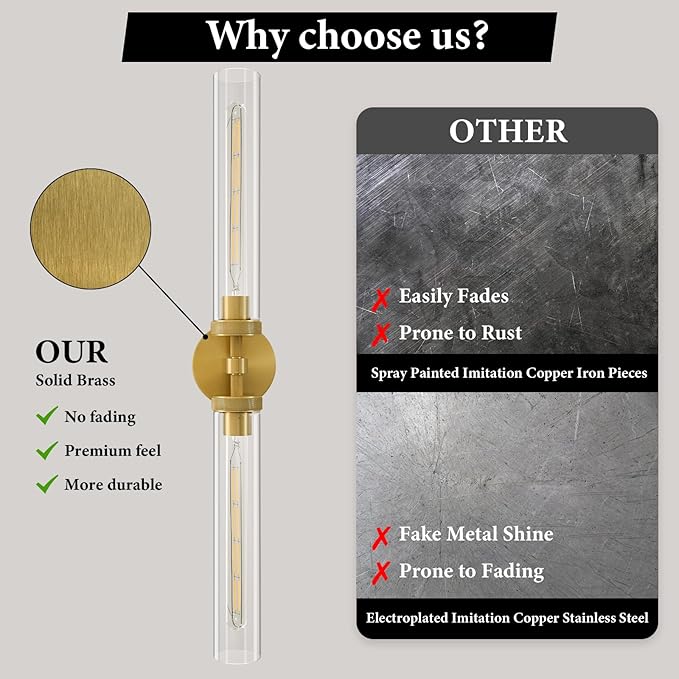 Knurled Brass Tube Wall Sconce - Set of 2 Luxury Modern Dimmable Sconces with Bulbs - Gold Glass Vanity Light Fixture - Vertical or Horizontal Mounted Indoor Lighting for Bathroom Bedroom Living Room