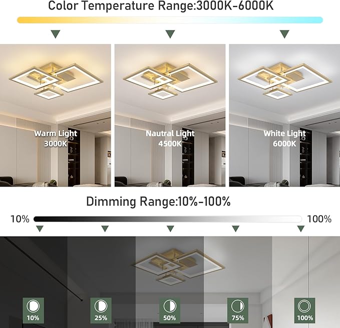 Modern Gold Led Ceiling Light 3-Square Design 3000K-6500K Dimmable LED Ceiling Light with Remote 33W Acrylic Ceiling Lighting Fixture for Bedroom Kitchen Dining Room Office Lamps