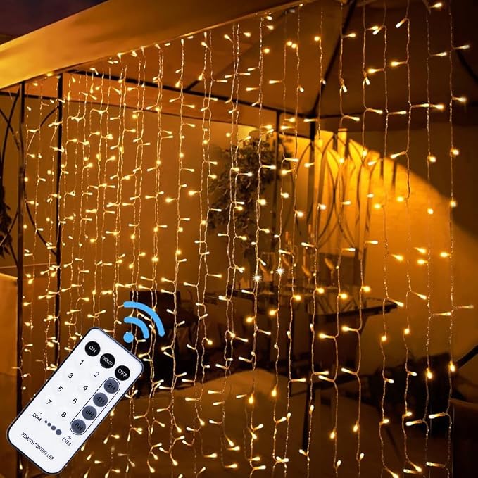 WATERGLIDE 300 LED Curtain Lights, Remote Control Christmas Hanging String Lights, 8 Lighting Modes, Plug in for Indoor Outdoor Holiday Ramadan Party Garden Backdrop Wedding Home Decor, Warm White