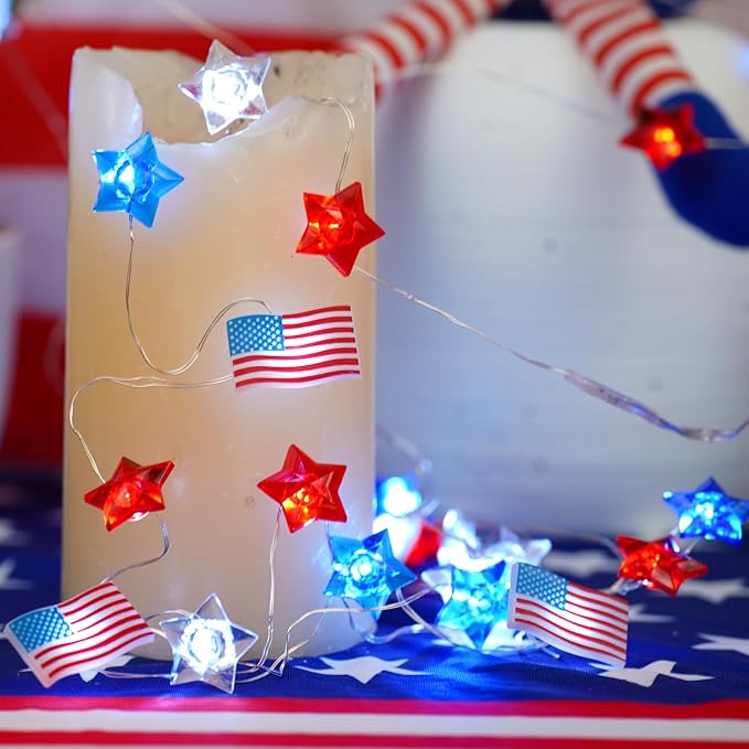BOHON 4th of July Decorations Battery Operated String Lights 13 ft 40 LEDs | Red White and Blue Star American Flag Lights for Home Patriotic Memorial Independence Day Fourth of July Decor with Timer