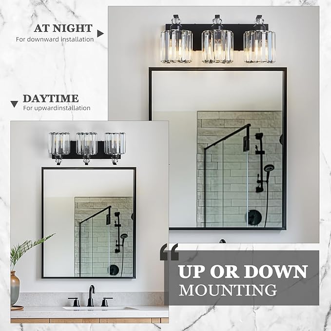 3-Light Black Bathroom Light Fixture Modern Vanity Lights Over Mirror Vintage Wall Sconce Lighting for Bathroom, Bedroom, Living Room, Hallway E26 Base with Crystal Bathroom Vanity Light