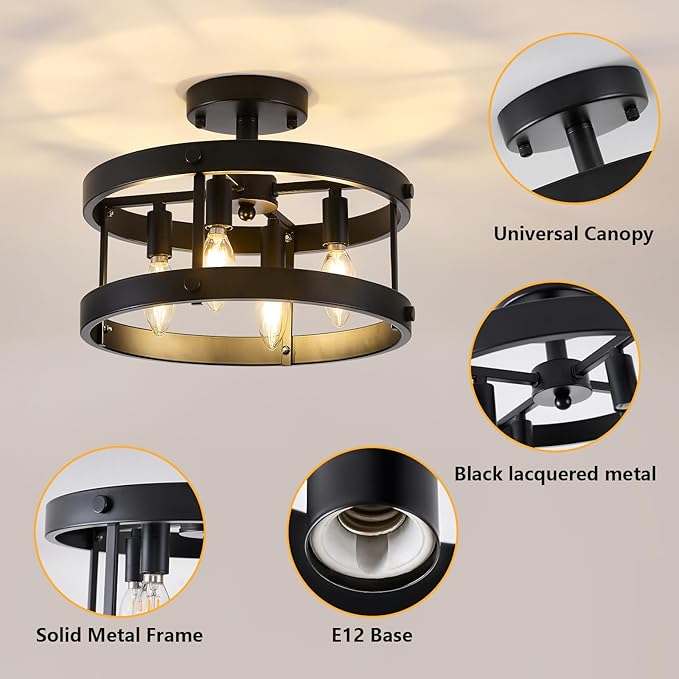 Modern Black fixtures light Close to Ceiling,Farmhouse 4-Light Semi-Flush Mount Pendant Light,Industrial Metal Ceiling Light for Kitchen Entryway Dining Laundry Room Dining Room Hallway UL-Listed