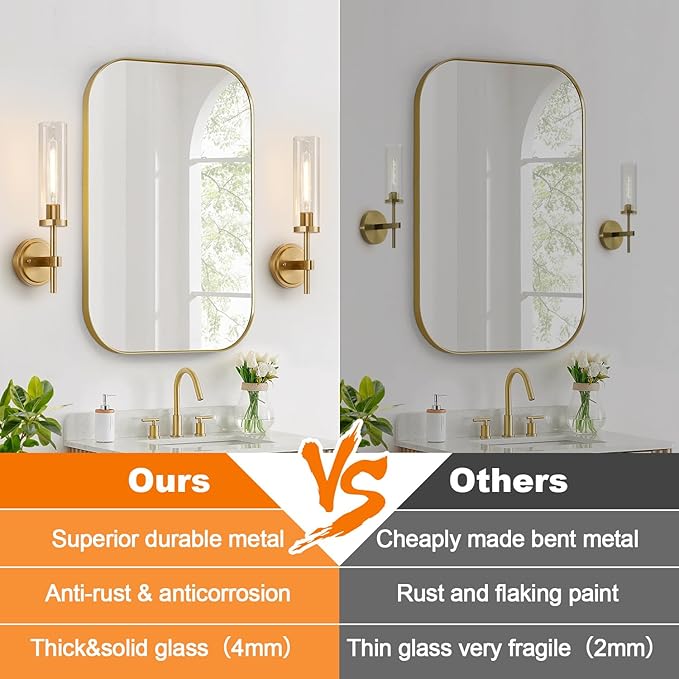 MOKATNG Wall Sconces Set of Two, Brushed Gold Bathroom Sconces with Clear Glass, Hardwired Sconces Wall Decor Set of 2, Modern Wall Light Fixtures for Bathroom Mirror Living Room Bedroom Hallway
