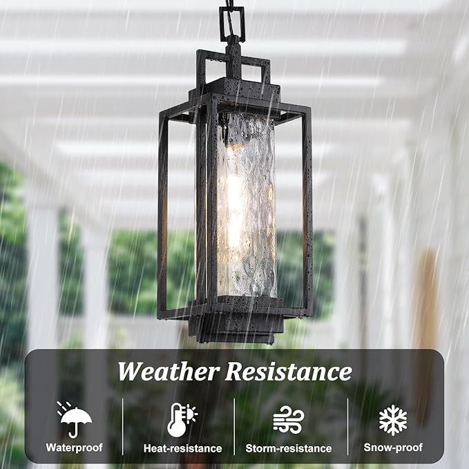 BesLowe 15” Outdoor Pendant Light with LED Bulb, Modern Hanging Lantern Light for Outside with Water Ripple Glass, Black Exterior Pendant Lighting Fixture, Outdoor Chandelier for Front Porch, Gazebo