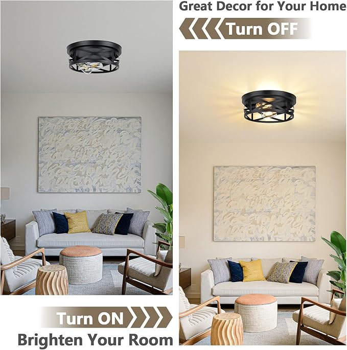 Bosceos 2-Light Flush Mount Ceiling Light Fixtures, 2-Pack Farmhouse Black Ceiling Lights, Industrial Metal Cage Light Fixtures with Adjustable Head for Bedroom Hallway Kitchen