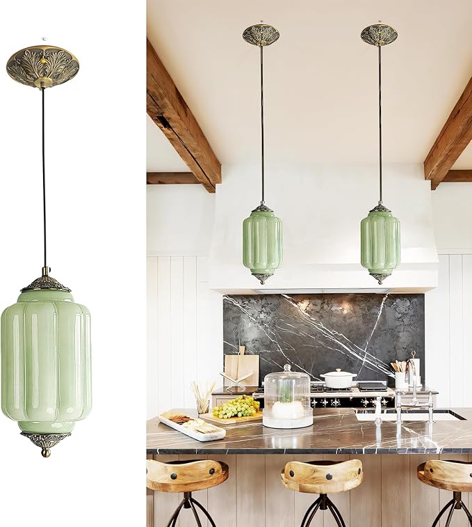 Vintage Milk Glass Pendant Lights Kitchen, Brass Color Glass Ceiling Light Fixture, Retro Industrial Pendant Lighting for Dining Room, Kitchen, Bedroom, Entryway, Hallway (Green, 5.5in)