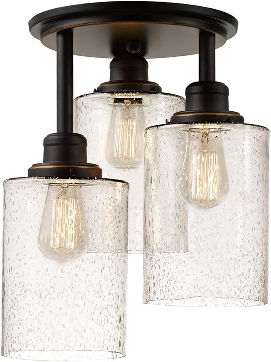 Globe Electric 65904 3-Light Bronze Semi-Flush Mount Ceiling Light Fixture with Seeded Glass Shades, Ideal for Kitchen, Bathroom, Bedroom, Closet Light, Home Essentials, LED Bulbs Compatible