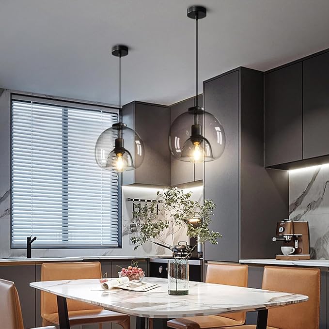 Large Smoke Glass Pendant Lights for Kitchen Island, Includes Extra Bulbs & 4.26FT Adjustable Cord, Modern Pendant Lighting Fixtures for Kitchen, Dining Room, Living Room(9in, 2-Pack)